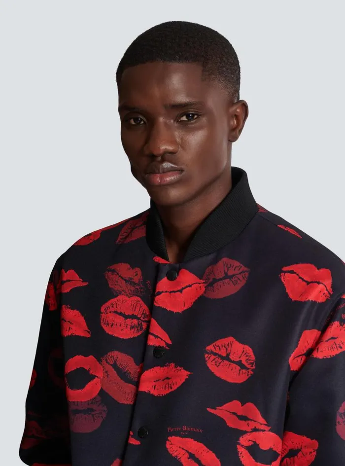 Balmain Outerwear Men Reversible Bomber Jacket In Plain And Kissprint Nylon Black