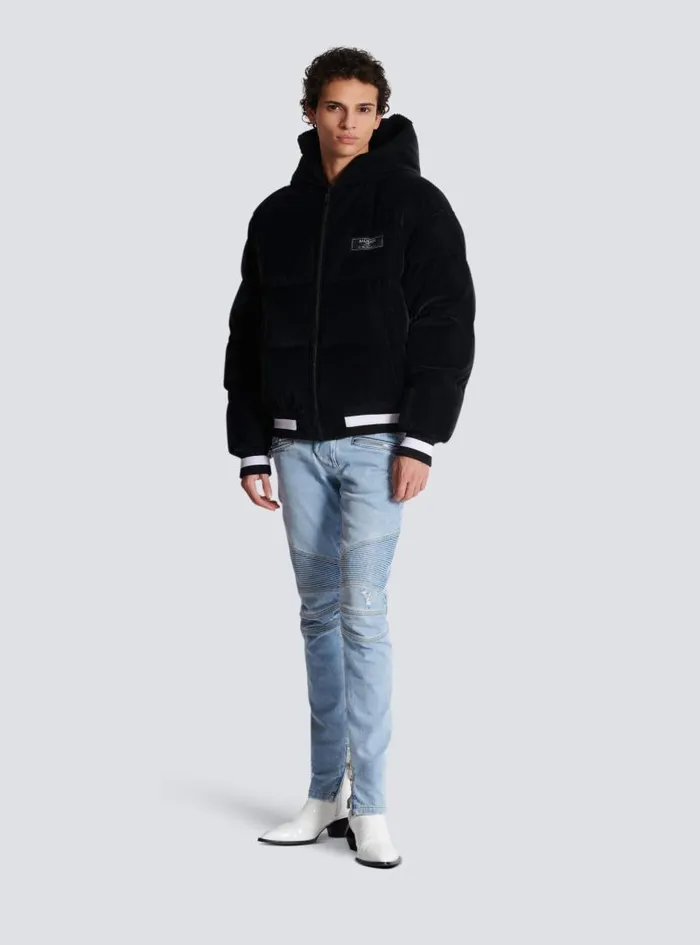 Balmain Outerwear Men Reversible Varsitystyle Puffer Jacket With Hood Black