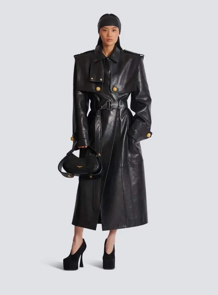 Balmain Outerwear Women Belted Trench Coat In Lambskin Leather Black