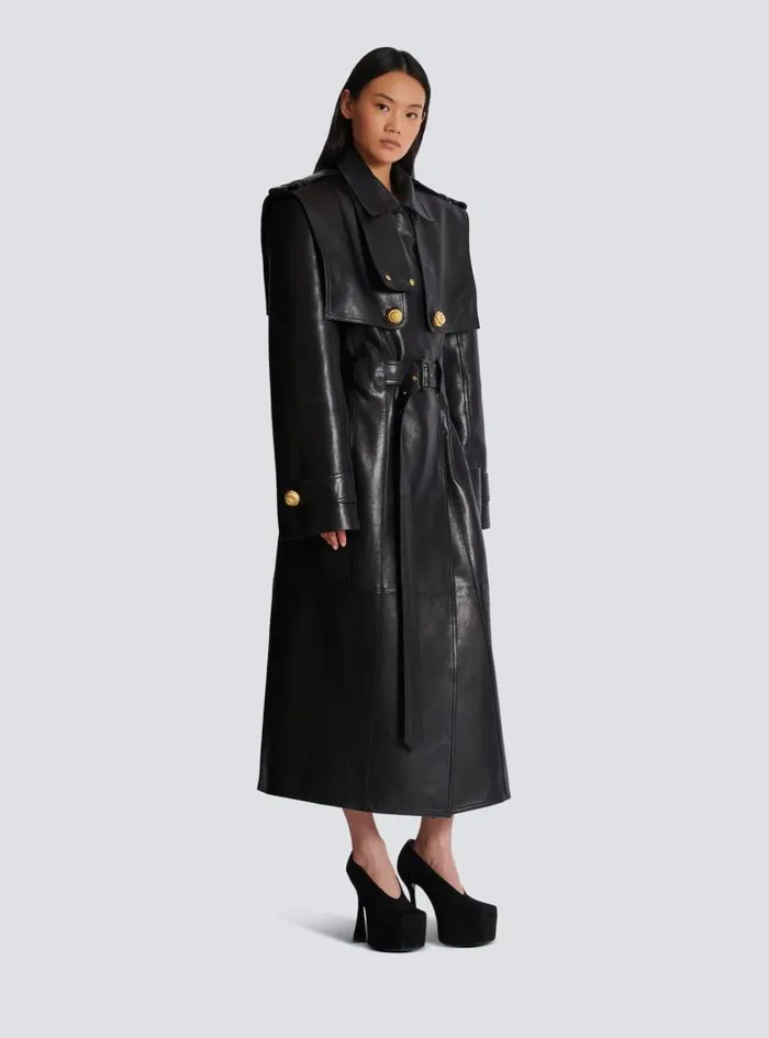 Balmain Outerwear Women Belted Trench Coat In Lambskin Leather Black