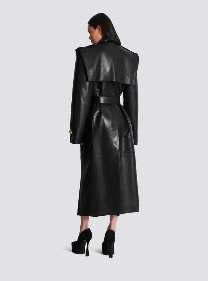 Balmain Outerwear Women Belted Trench Coat In Lambskin Leather Black
