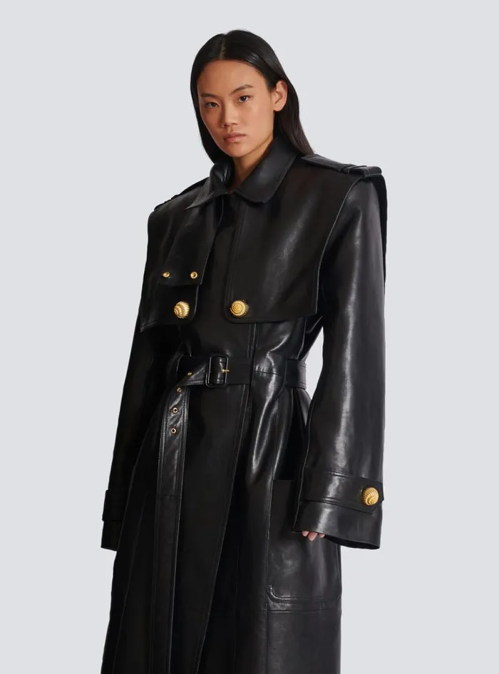 Balmain Outerwear Women Belted Trench Coat In Lambskin Leather Black