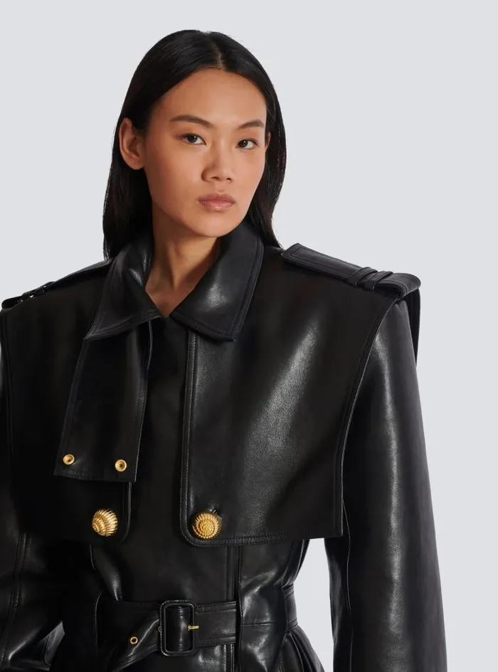 Balmain Outerwear Women Belted Trench Coat In Lambskin Leather Black