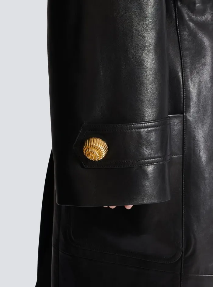 Balmain Outerwear Women Belted Trench Coat In Lambskin Leather Black