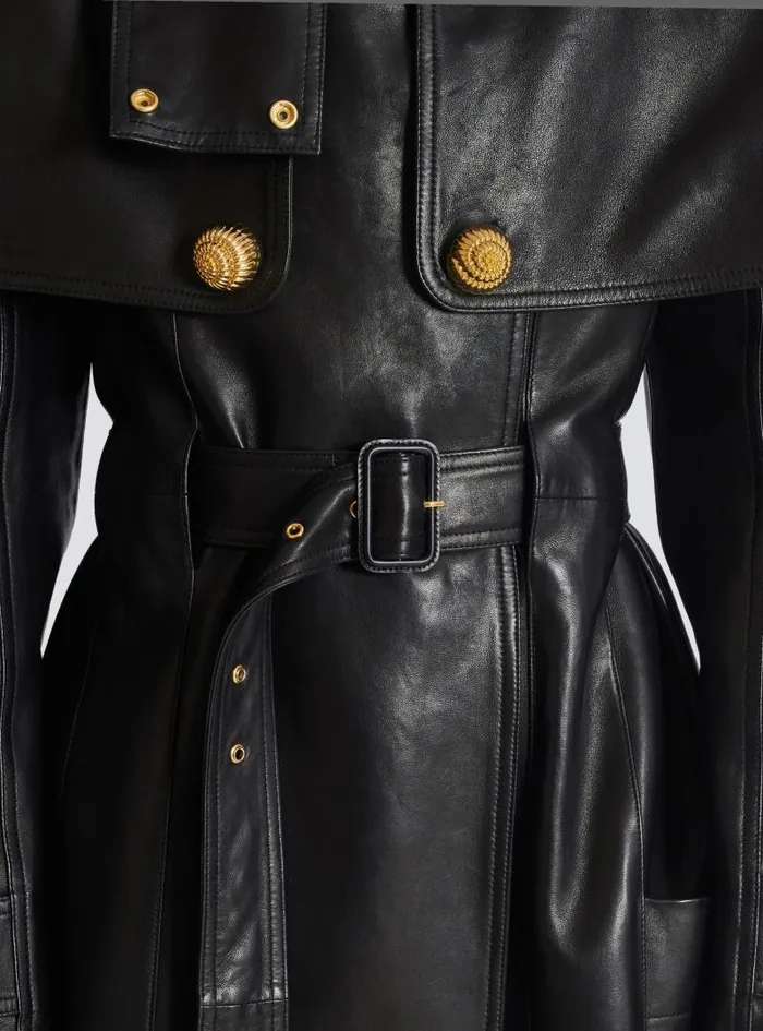 Balmain Outerwear Women Belted Trench Coat In Lambskin Leather Black