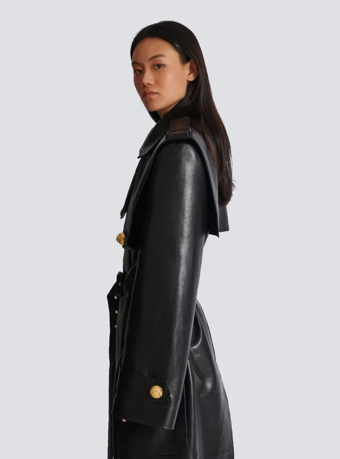 Balmain Outerwear Women Belted Trench Coat In Lambskin Leather Black