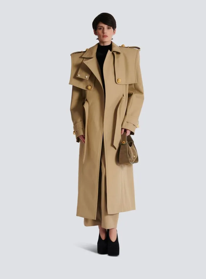 Balmain Outerwear Women Belted Trench Coat In Waterrepellent Cotton Beige