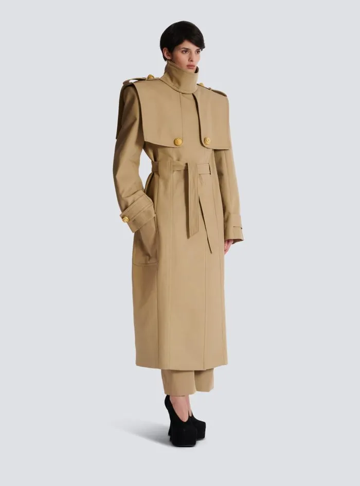 Balmain Outerwear Women Belted Trench Coat In Waterrepellent Cotton Beige