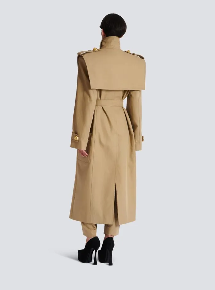 Balmain Outerwear Women Belted Trench Coat In Waterrepellent Cotton Beige