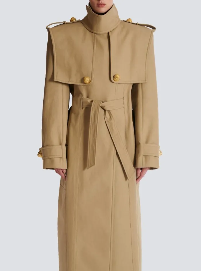 Balmain Outerwear Women Belted Trench Coat In Waterrepellent Cotton Beige