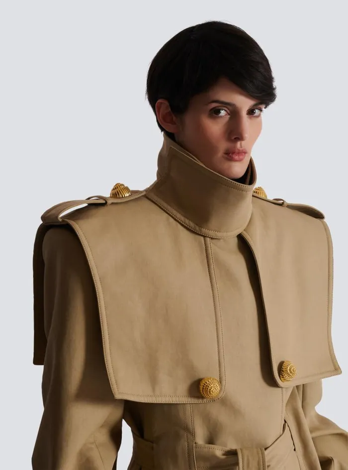 Balmain Outerwear Women Belted Trench Coat In Waterrepellent Cotton Beige