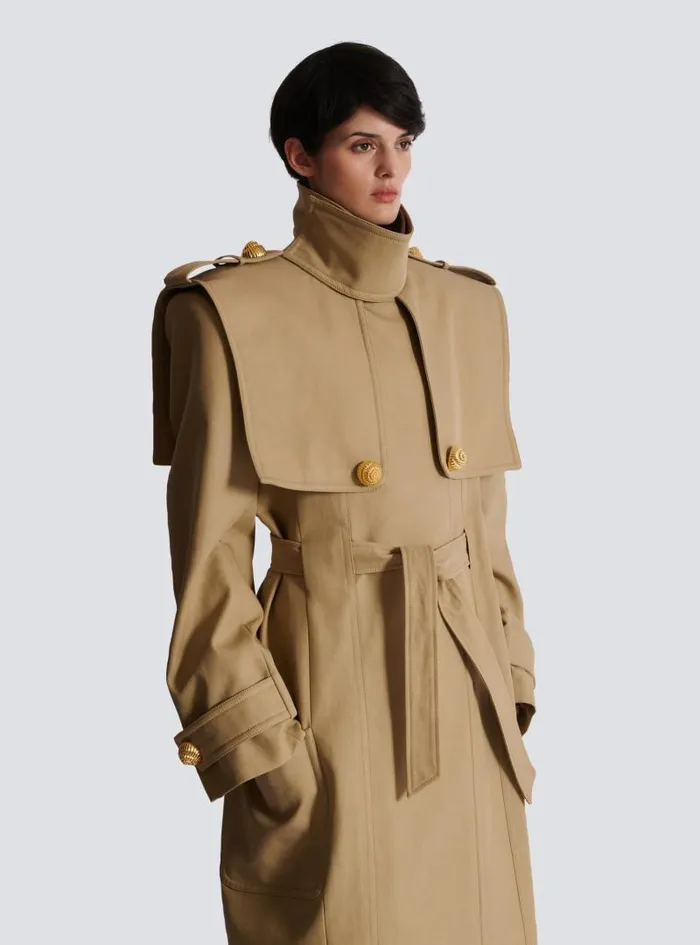 Balmain Outerwear Women Belted Trench Coat In Waterrepellent Cotton Beige