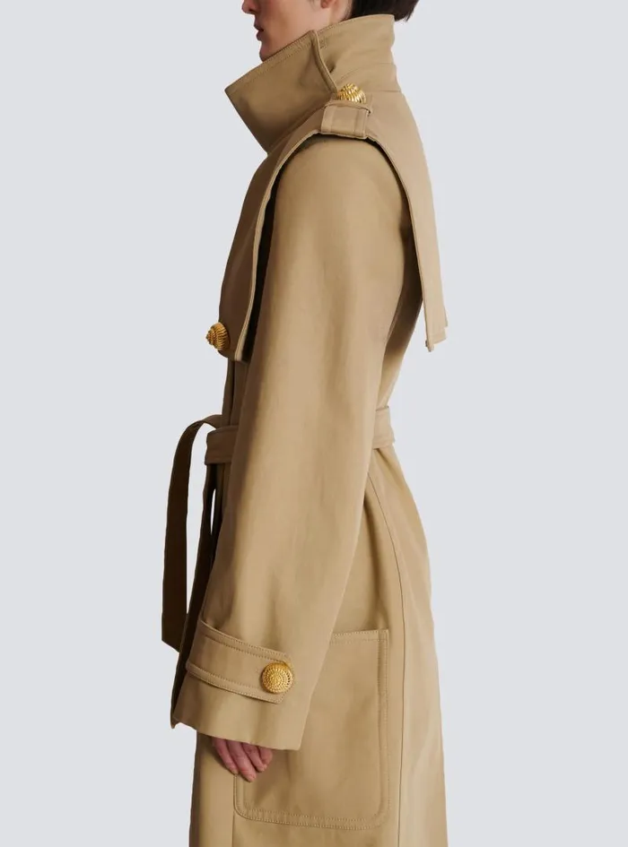 Balmain Outerwear Women Belted Trench Coat In Waterrepellent Cotton Beige