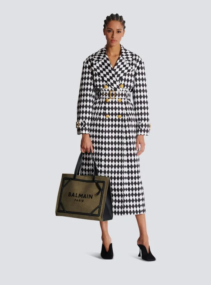 Balmain Outerwear Women Diamond Print Belted Trench Coat Black