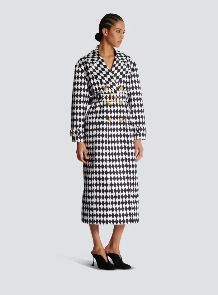 Balmain Outerwear Women Diamond Print Belted Trench Coat Black