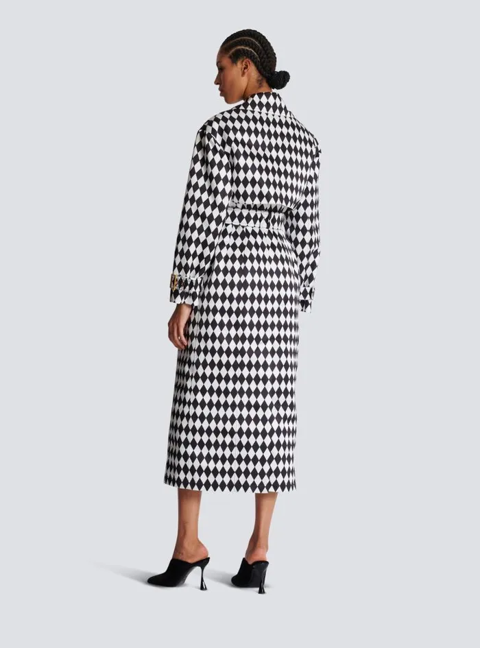 Balmain Outerwear Women Diamond Print Belted Trench Coat Black