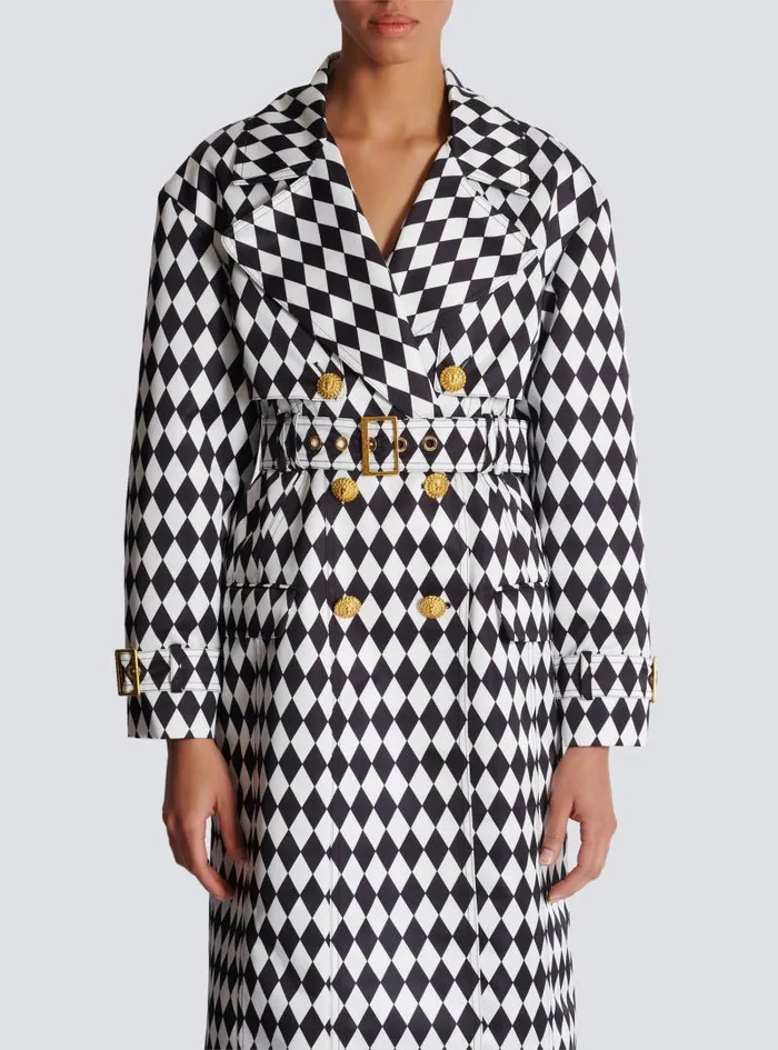 Balmain Outerwear Women Diamond Print Belted Trench Coat Black