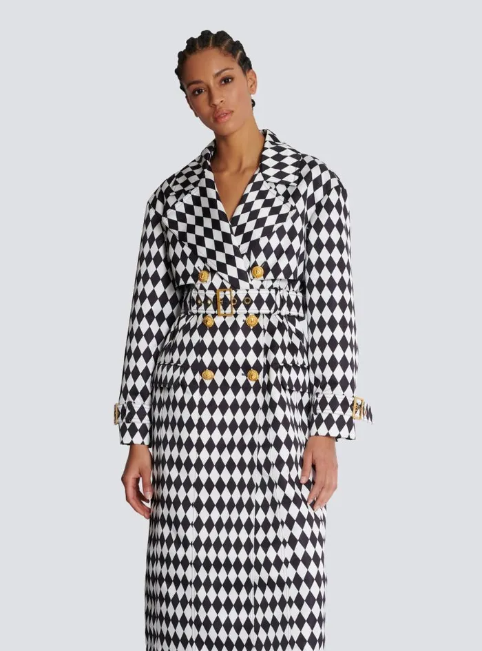 Balmain Outerwear Women Diamond Print Belted Trench Coat Black