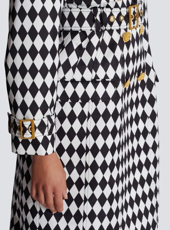 Balmain Outerwear Women Diamond Print Belted Trench Coat Black
