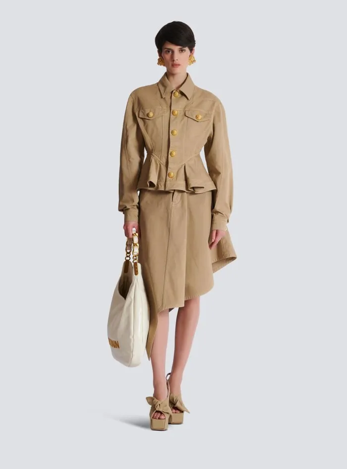 Balmain Outerwear Women Ruffled Cotton Canvas Jacket Beige