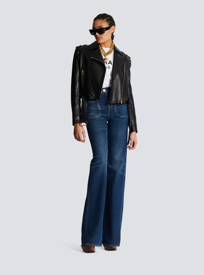 Balmain Outerwear Women Short Leather Biker Jacket Black