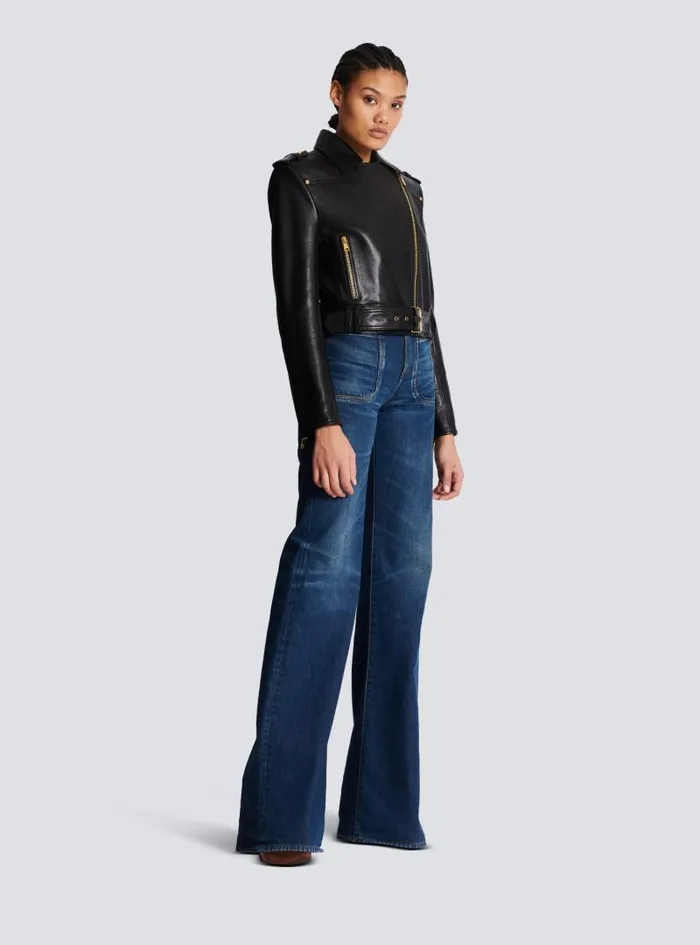 Balmain Outerwear Women Short Leather Biker Jacket Black