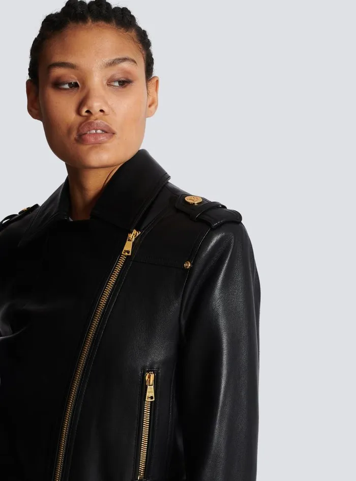 Balmain Outerwear Women Short Leather Biker Jacket Black