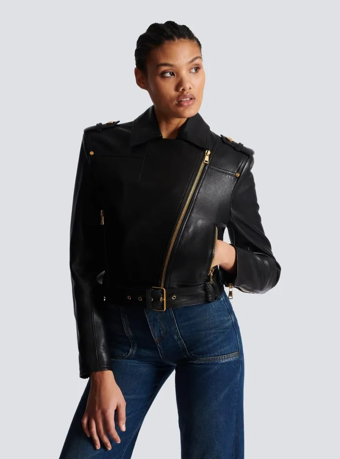 Balmain Outerwear Women Short Leather Biker Jacket Black