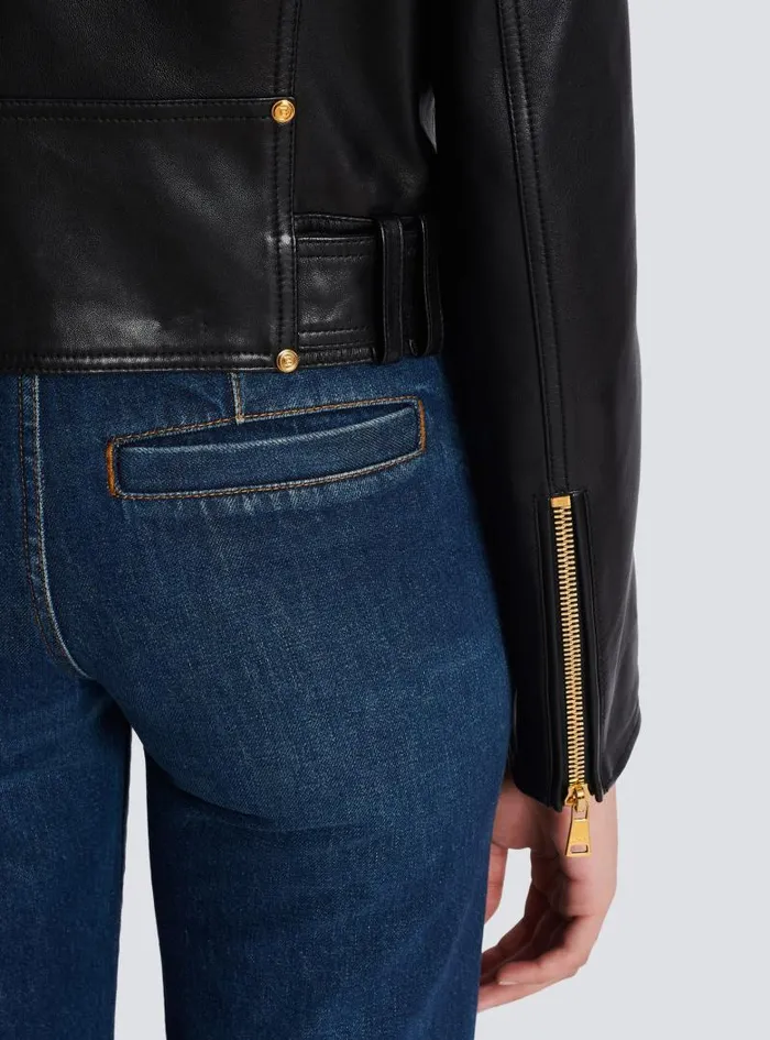 Balmain Outerwear Women Short Leather Biker Jacket Black