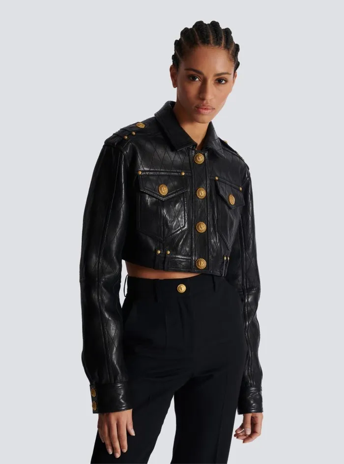 Balmain Outerwear Women Topstitched Cropped Leather Jacket Black