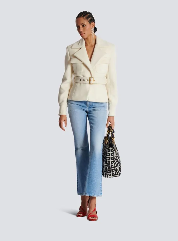 Balmain Outerwear Women Wool Belted Coat Beige