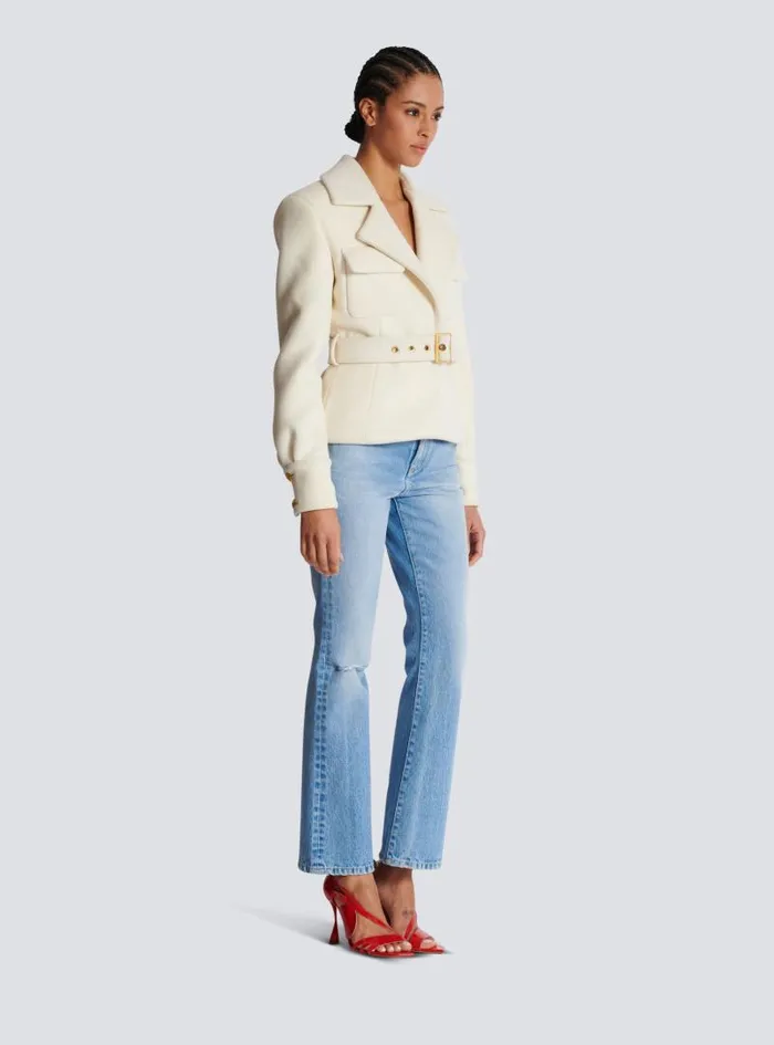 Balmain Outerwear Women Wool Belted Coat Beige
