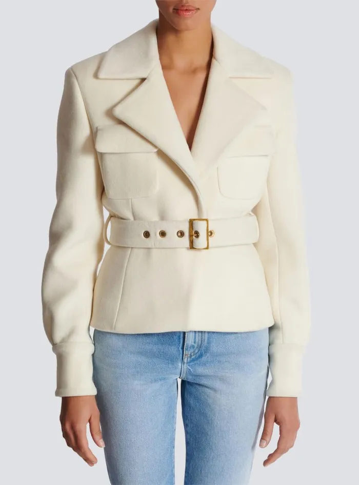 Balmain Outerwear Women Wool Belted Coat Beige