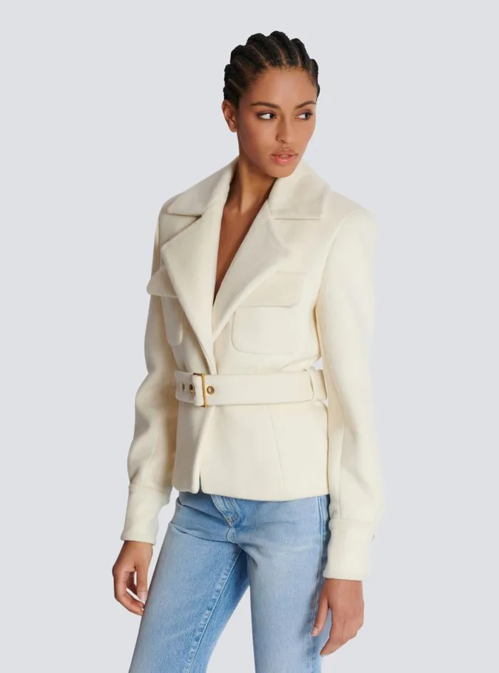 Balmain Outerwear Women Wool Belted Coat Beige