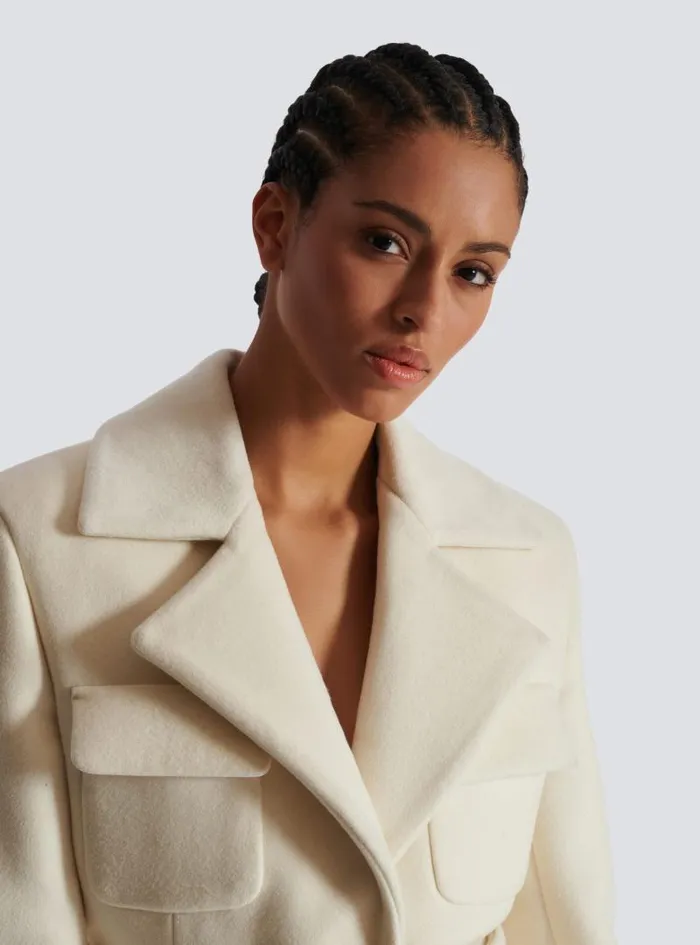 Balmain Outerwear Women Wool Belted Coat Beige