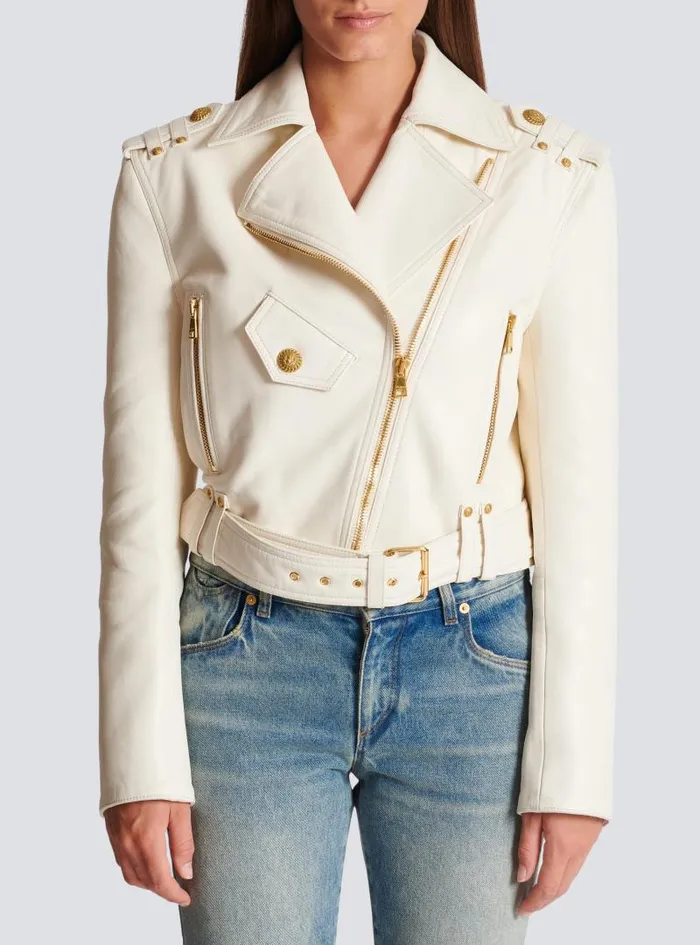 Balmain Outerwear Women Zipped Leather Biker Jacket Beige