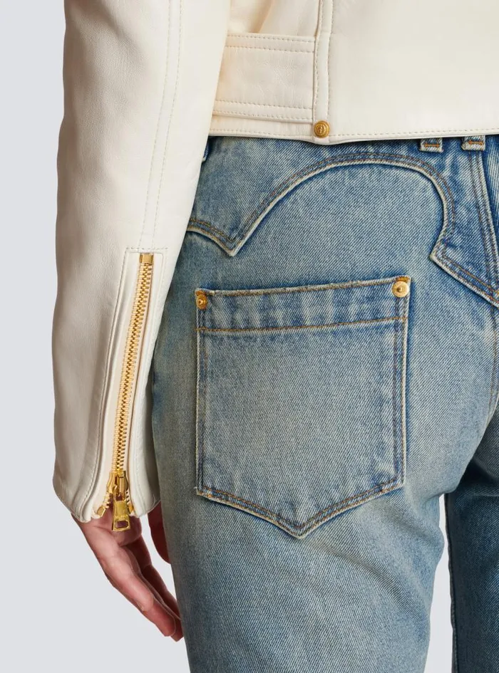 Balmain Outerwear Women Zipped Leather Biker Jacket Beige