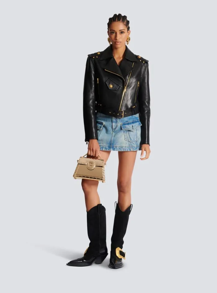 Balmain Outerwear Women Zipped Leather Biker Jacket Black