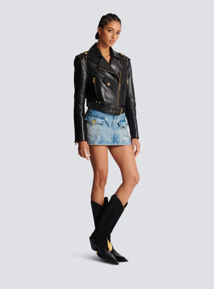 Balmain Outerwear Women Zipped Leather Biker Jacket Black