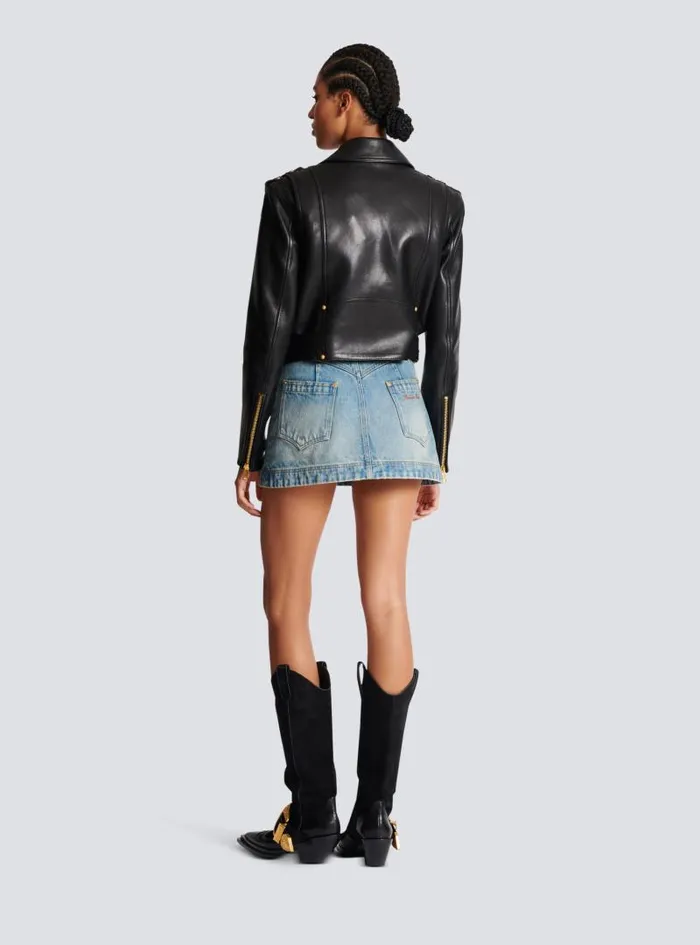 Balmain Outerwear Women Zipped Leather Biker Jacket Black
