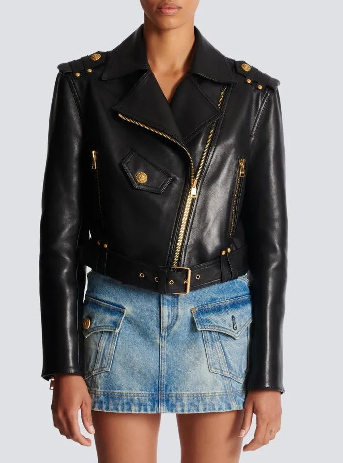 Balmain Outerwear Women Zipped Leather Biker Jacket Black