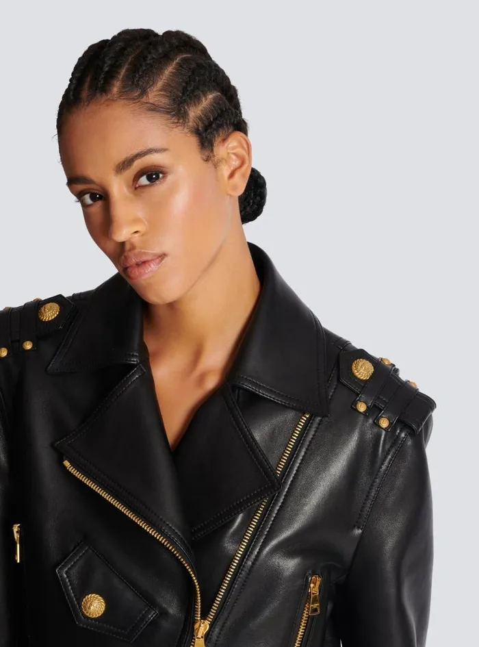 Balmain Outerwear Women Zipped Leather Biker Jacket Black
