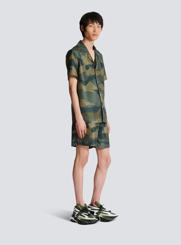 Balmain Shirts And Polos Men Camouflage Monogrammed Shantung Shirt Khaki