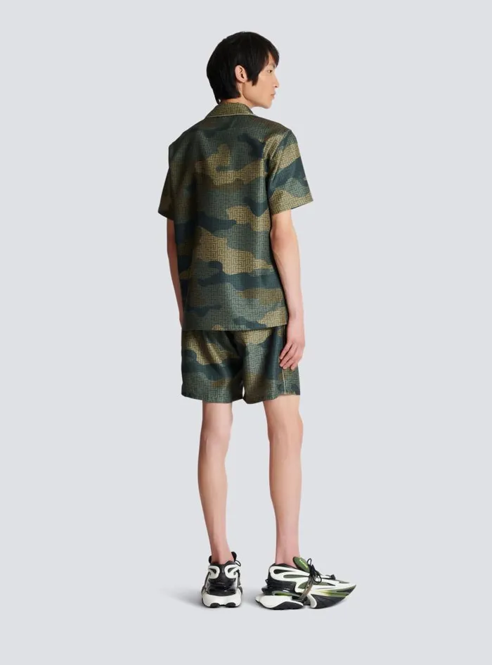 Balmain Shirts And Polos Men Camouflage Monogrammed Shantung Shirt Khaki