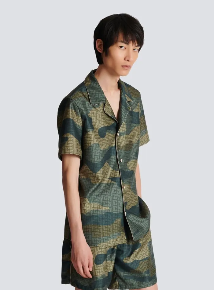 Balmain Shirts And Polos Men Camouflage Monogrammed Shantung Shirt Khaki