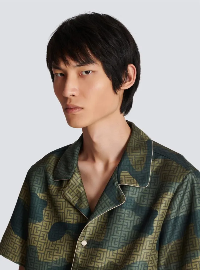 Balmain Shirts And Polos Men Camouflage Monogrammed Shantung Shirt Khaki