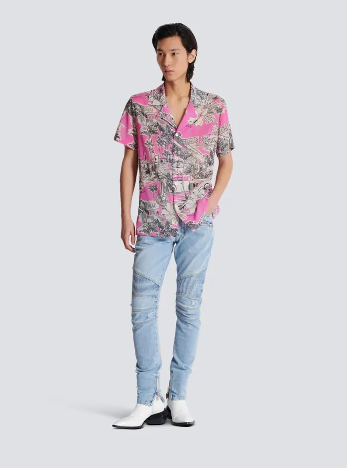 Balmain Shirts And Polos Men Shortsleeved Silk Pyjama Shirt With Miami Print Pink Balmain Shirts And Polos Men Shortsleeved Silk Pyjama Shirt With Miami Print Pink