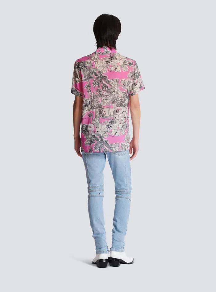 Balmain Shirts And Polos Men Shortsleeved Silk Pyjama Shirt With Miami Print Pink