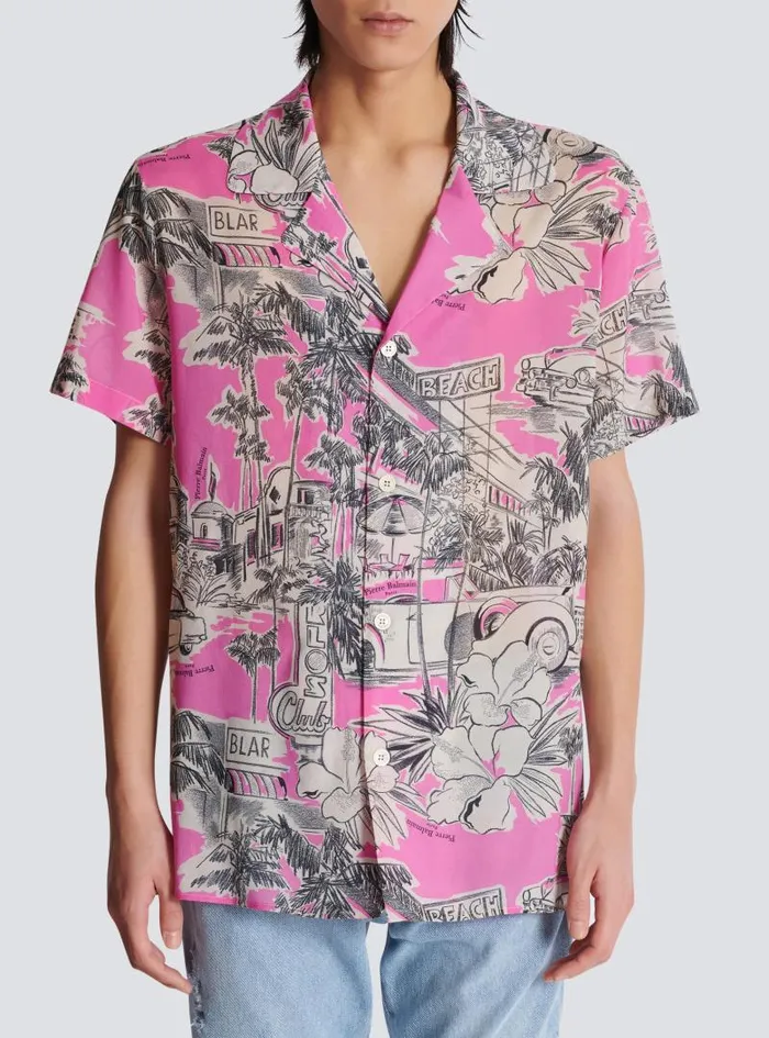 Balmain Shirts And Polos Men Shortsleeved Silk Pyjama Shirt With Miami Print Pink
