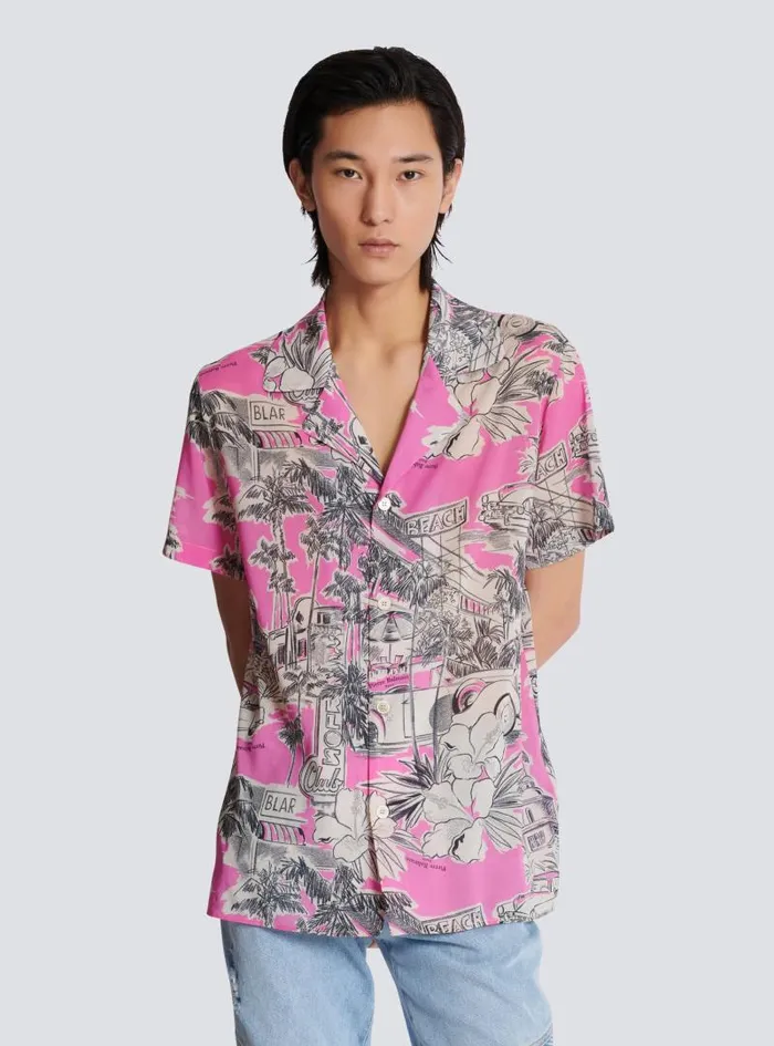 Balmain Shirts And Polos Men Shortsleeved Silk Pyjama Shirt With Miami Print Pink
